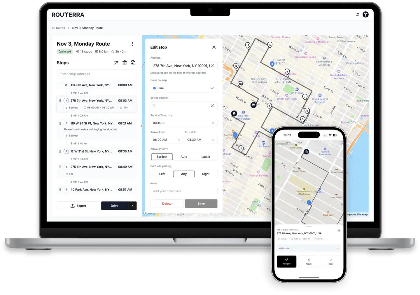 Routerra delivery route planner app showing optimized multi-stop route on map